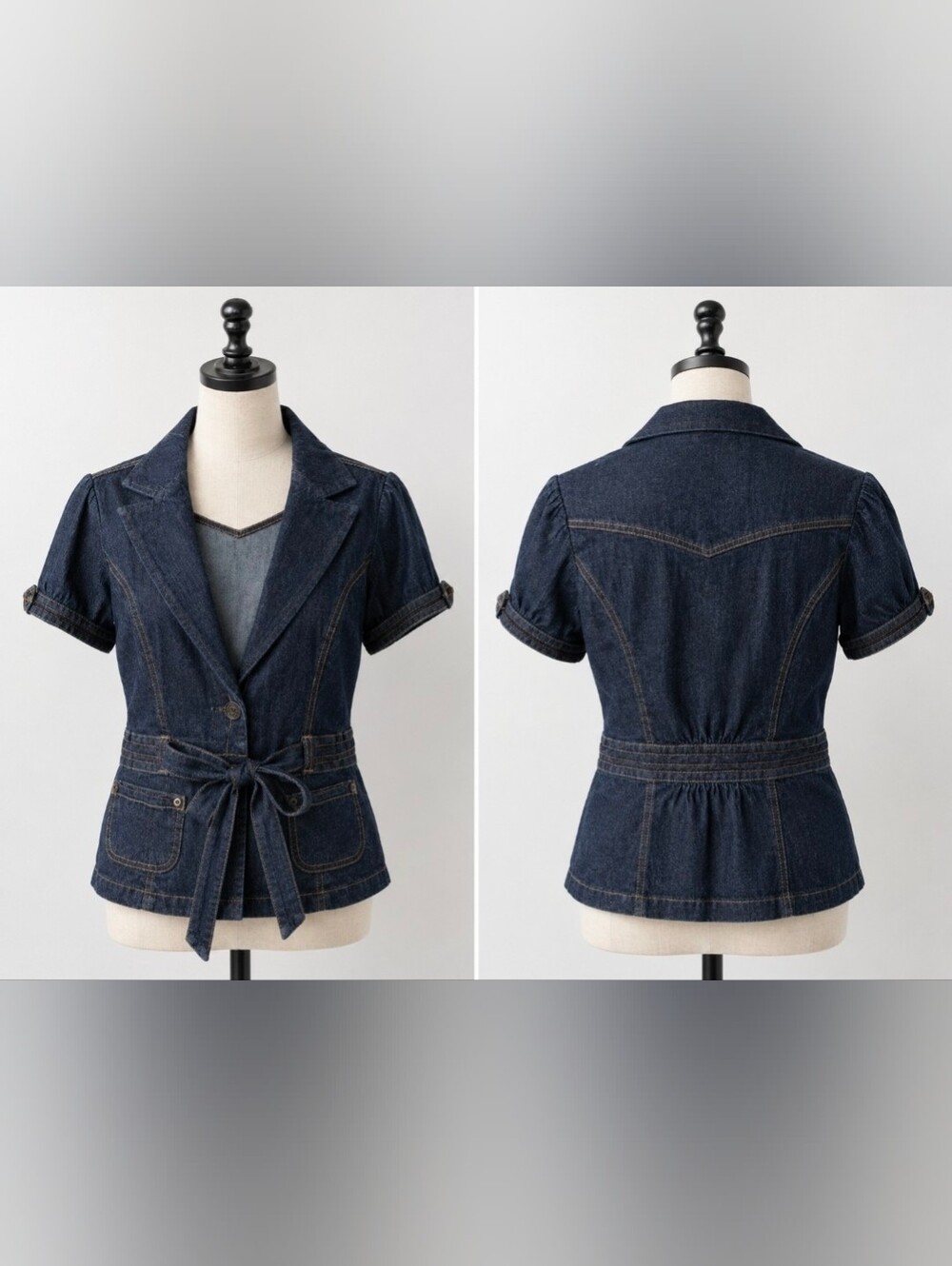 Y2K Vintage Short Sleeve Denim Jacket Blazer Cinched Tie Waist